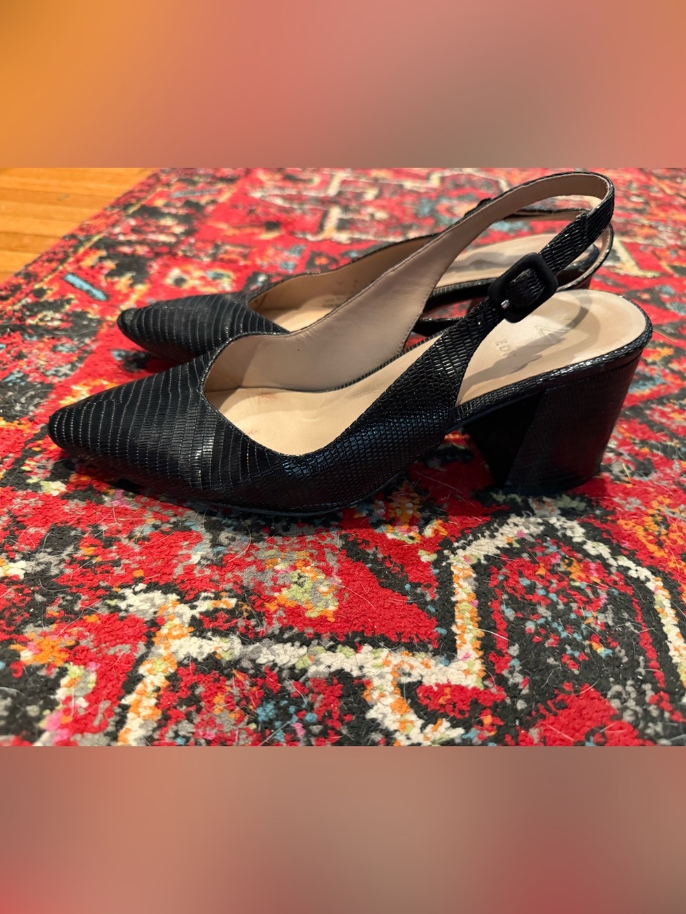 27 EDIT Black Textured Slingback Block Heel Pumps